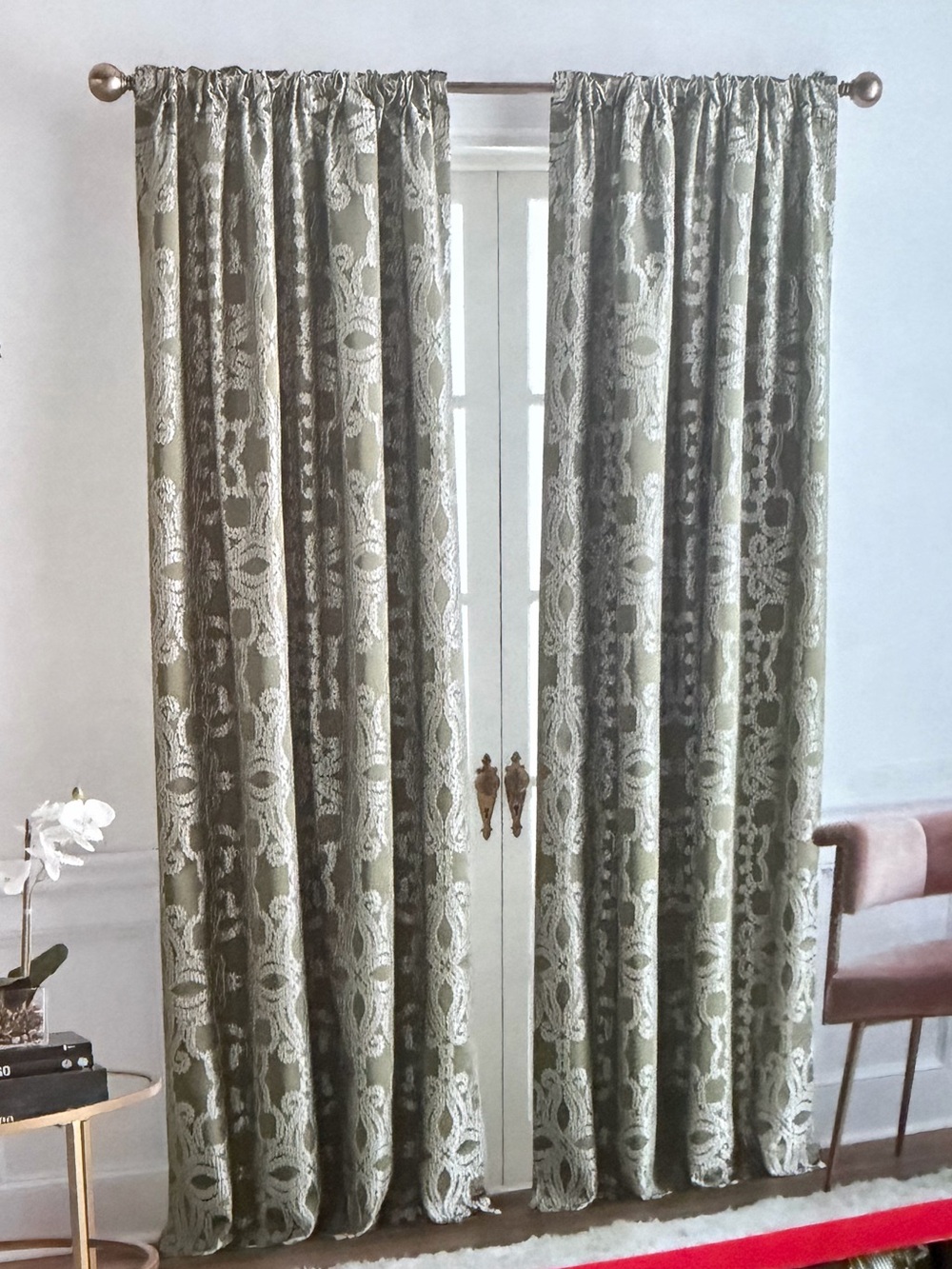 Ted Baker NWT Stunning Olive & Cream Decorative Damask 96” Curtain Panels